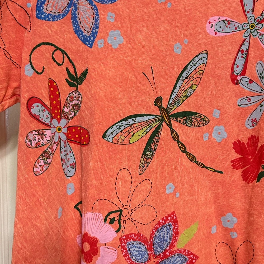 Jess & Jane Cotton Peach Dragonfly Tunic Florals Spring Summer Natural Fiber M - Picture 3 of 12